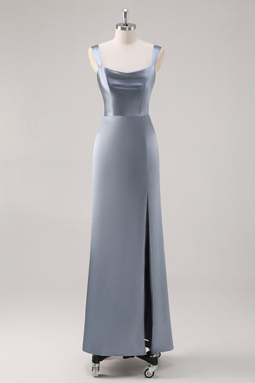 Simple Sheath Grey Blue Satin Bridesmaid Dress with Slit